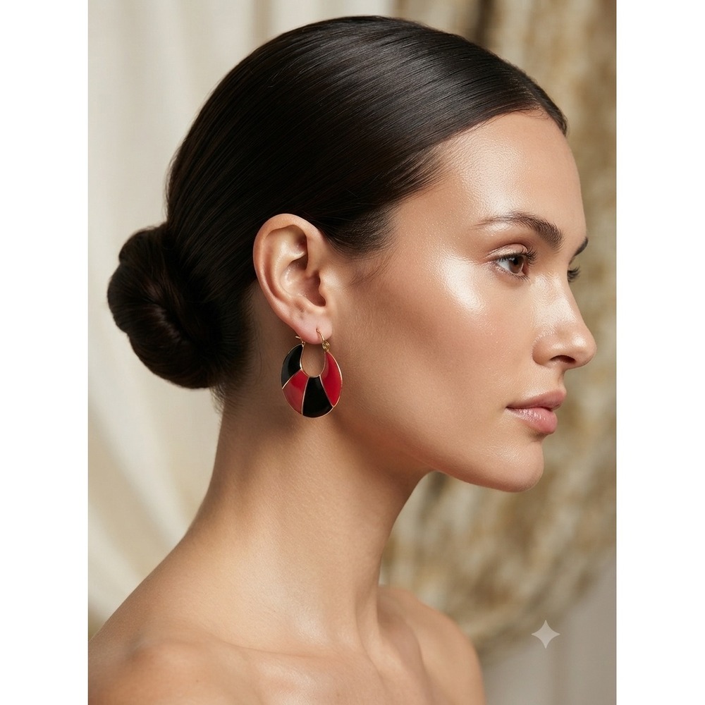 Vintage Red Black Enamel Gold Tone Geometric Crescent Hoop Earrings Retro J59